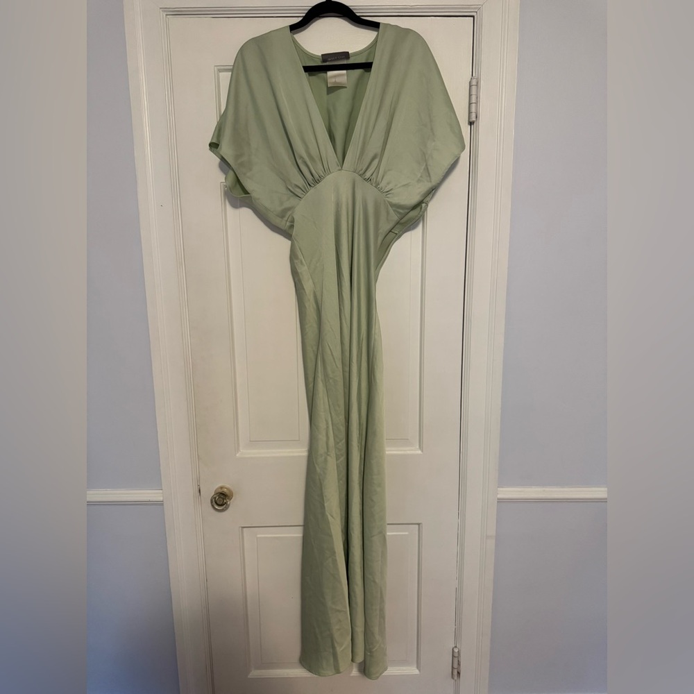 BHLDN Amelia Deep-V Flutter Sleeve Satin A-Line Gown in Sage Green